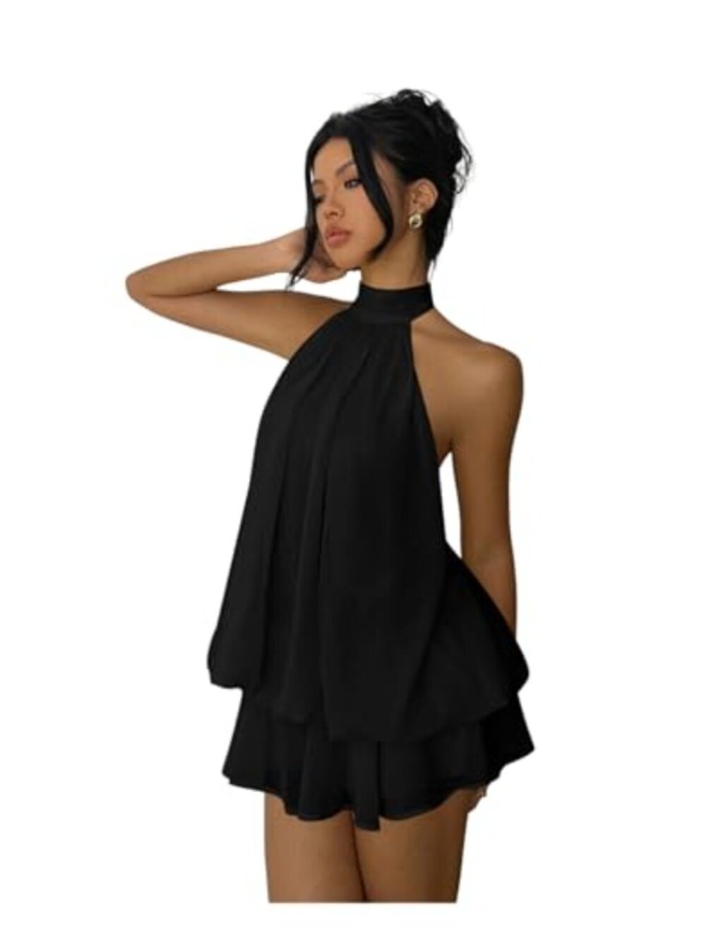 Chiffon Tiered Layered Sleeveless Halter Ruffle Mini Dress